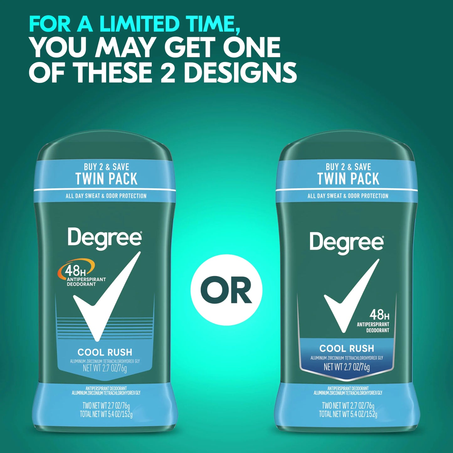 Degree Men Original Antiperspirant Deodorant Cool Rush Twin Pack 48-Hour Sweat & Odor Protection Antiperspirant For Men 2.7 oz